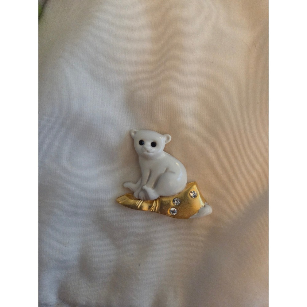 Vintage White Enamel Polar Bear on Gold Tone Rhinestone Moon Brooch Pin